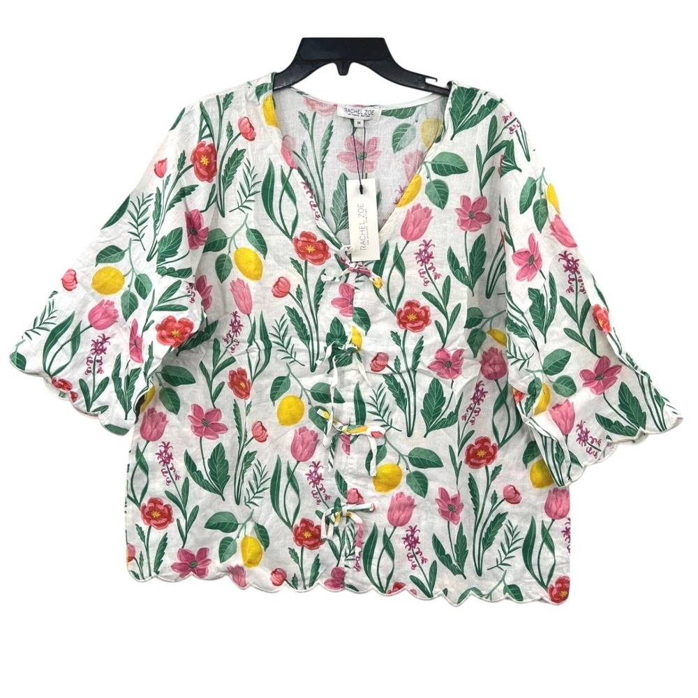 Rachel Zoe Floral Lemon Scallop Tie Front Blouse Cottagecore Size 1X Summer NWT